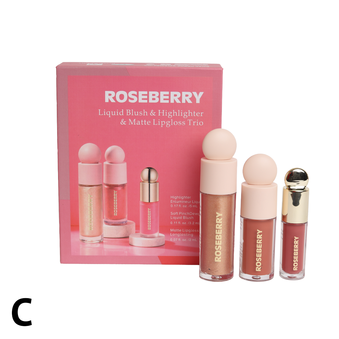 Liquid blush & Highlighter & Matte Lipgloss Trio By ROSE BERRY